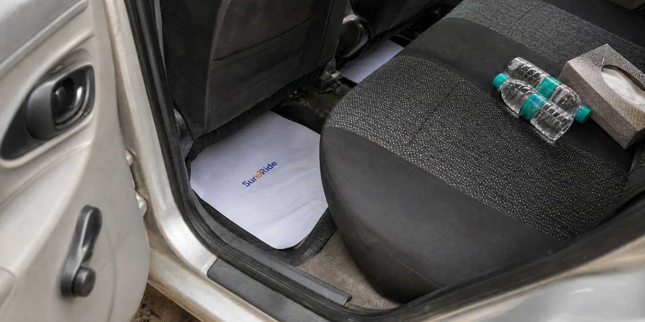 Fresh SureRide paper over the floor mat, sealed 200 ml water bottles and a tissue box on the rear seat